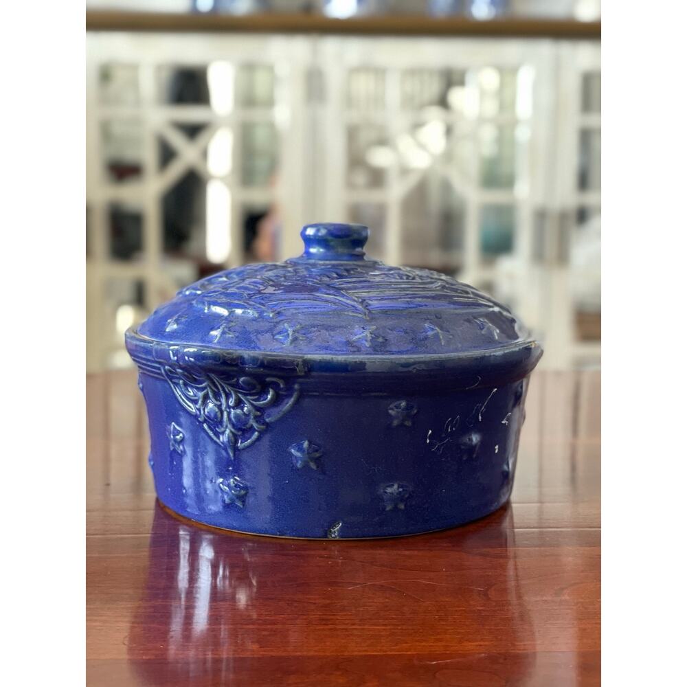 Handmade Blue Stoneware  1.5L Casserole Dish w/ Lid USA Crafted Patriotic Design